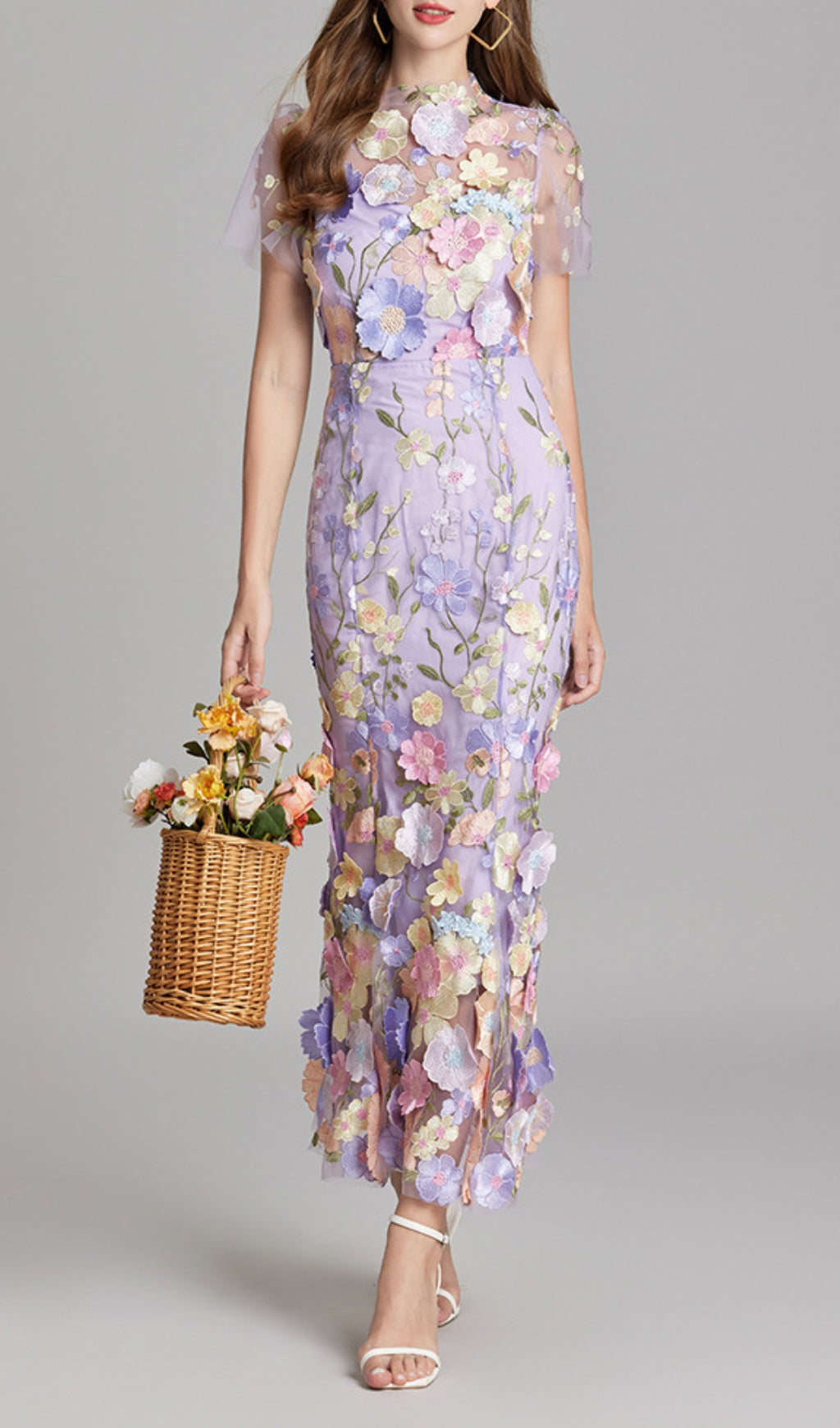 Carol Purple Floral Embroidery Mesh Fishtail Midi Dress