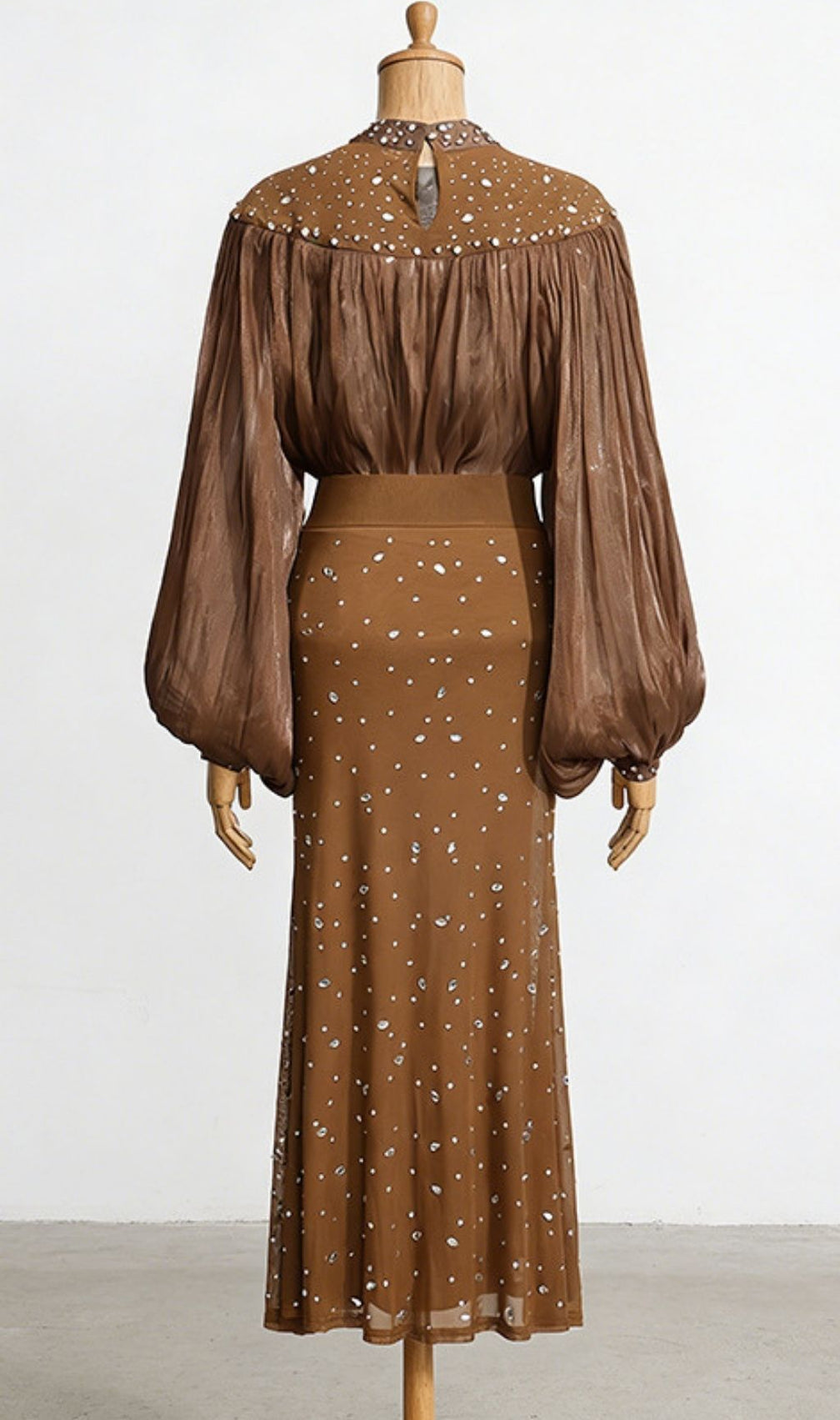 Karyme Diamante Embellished Blouse & Skirt Set - Golden Brown Glamour