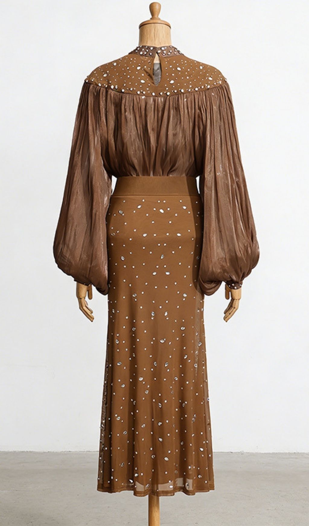 Karyme Diamante Embellished Blouse & Skirt Set - Golden Brown Glamour