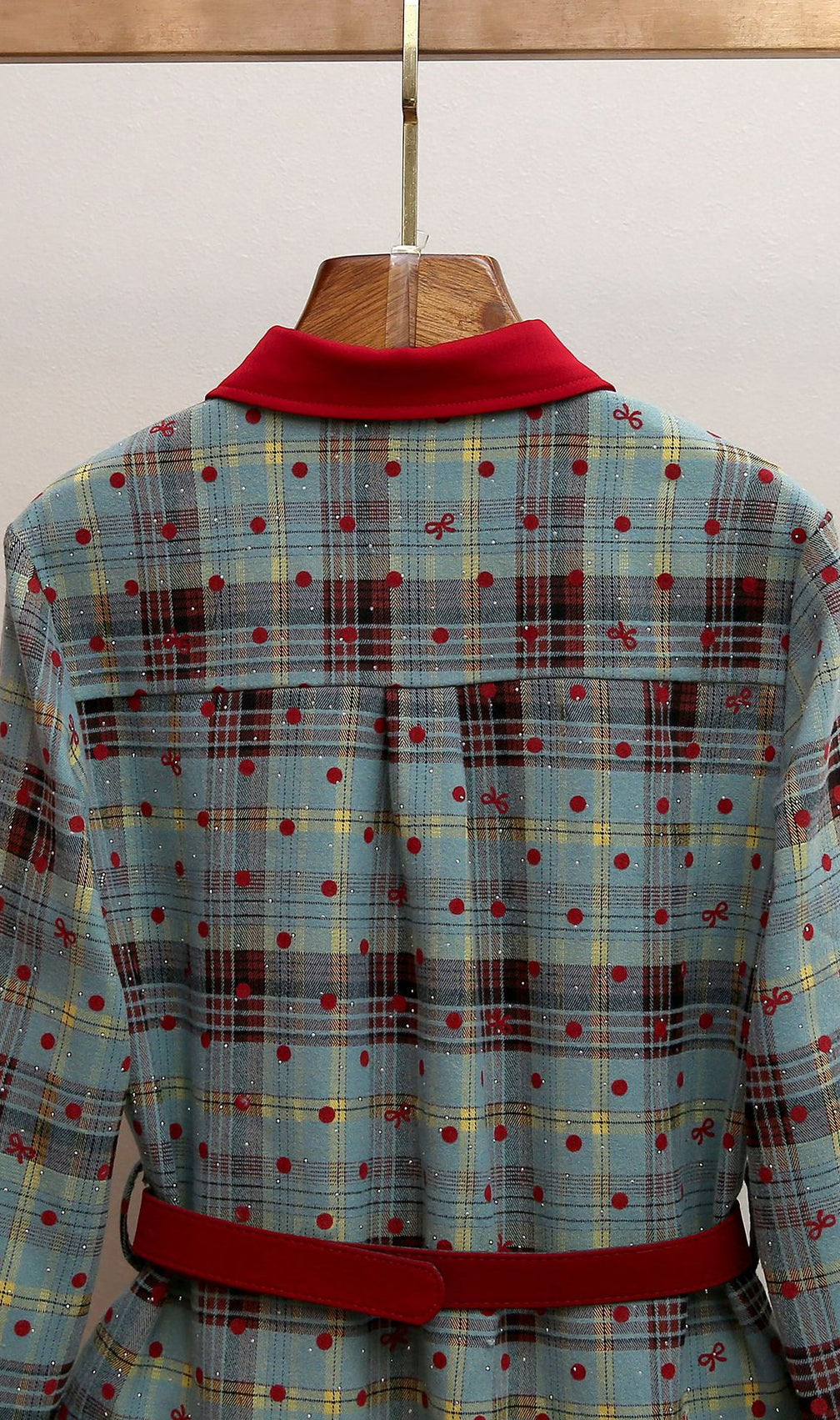 Humla Plaid Bow Mini Dress with Red Collar & Belt - Festive Chic for Women