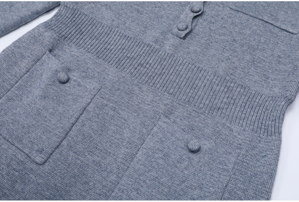 Kartier Slate Grey Knit Mini Dress with Pockets & Scalloped Neckline