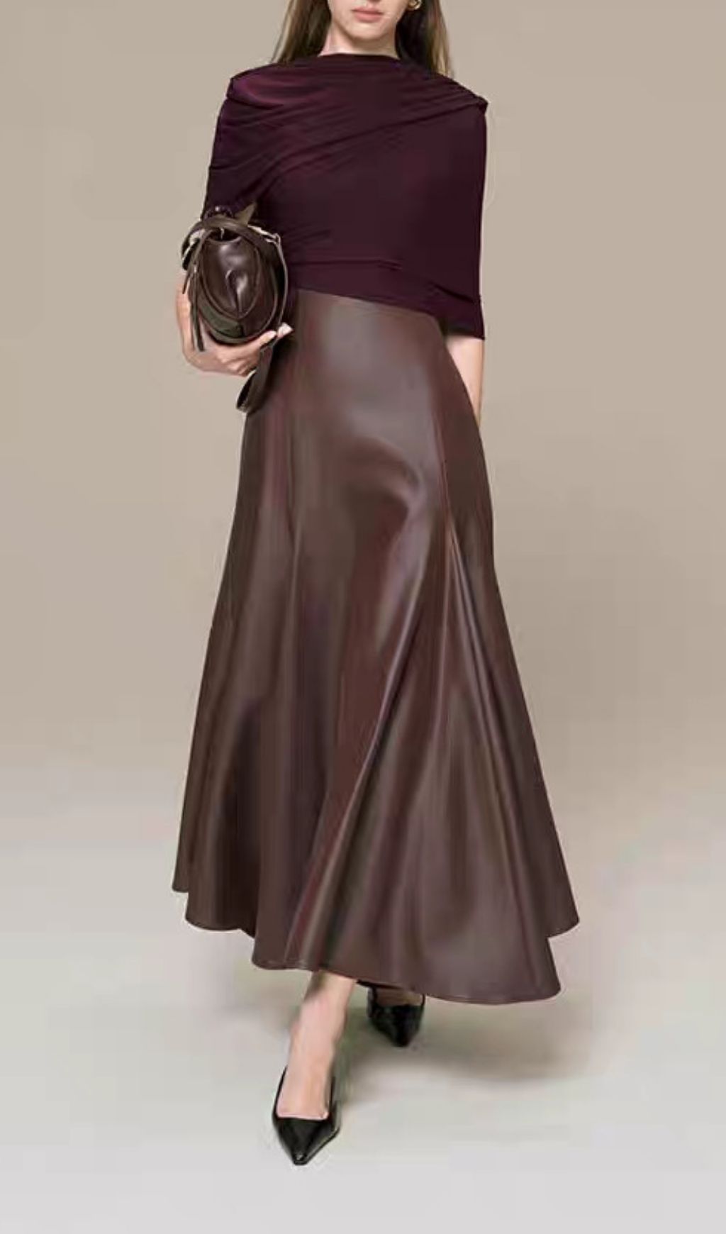 Kiona Coffee Leather Patchwork Maxi Dress