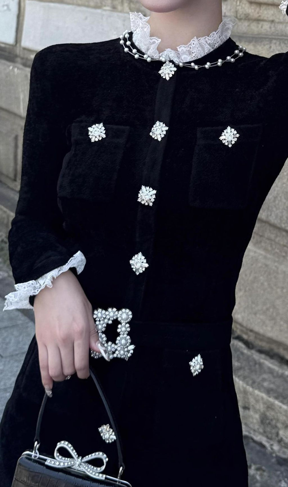 Hiraani Black Velvet Glam Mini Dress | Luxe Ruffle Lace & Crystal Embellishments