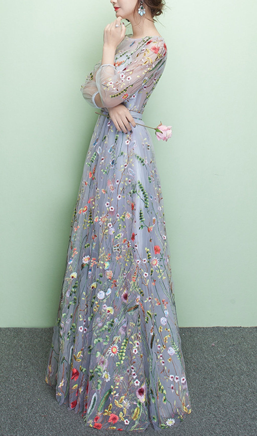 Dannell Gray Flower Mesh Sleeve Maxi Dress