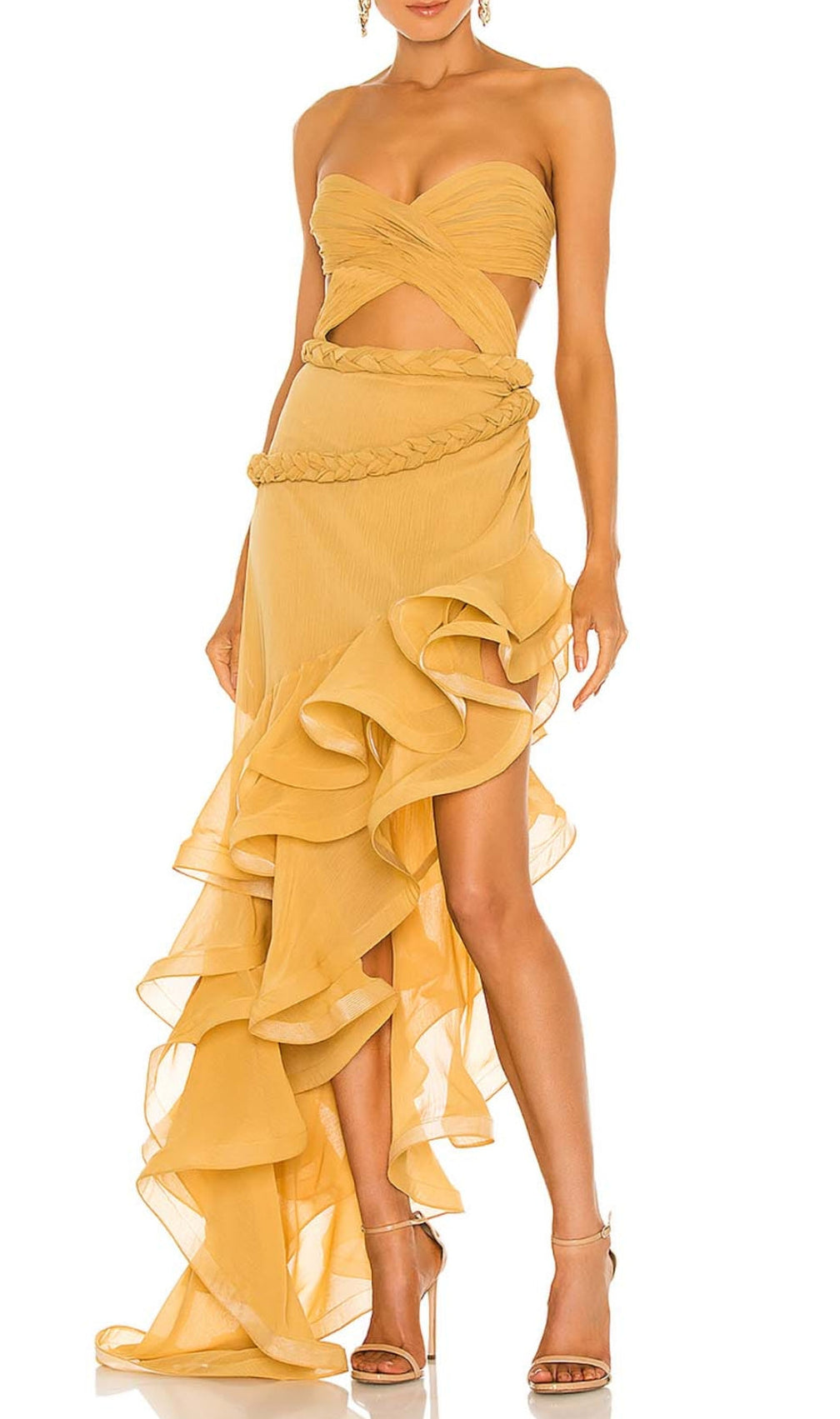 Ruffle Thigh Slit Maxi Dress In Light Orange