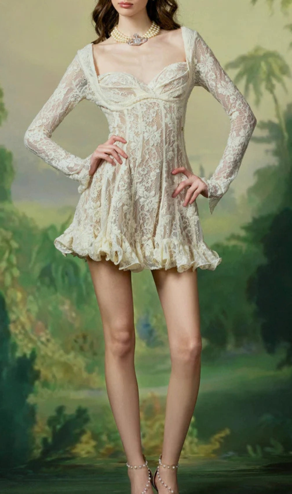 Laura Lace Waist-Cinched Long Sleeve Dress