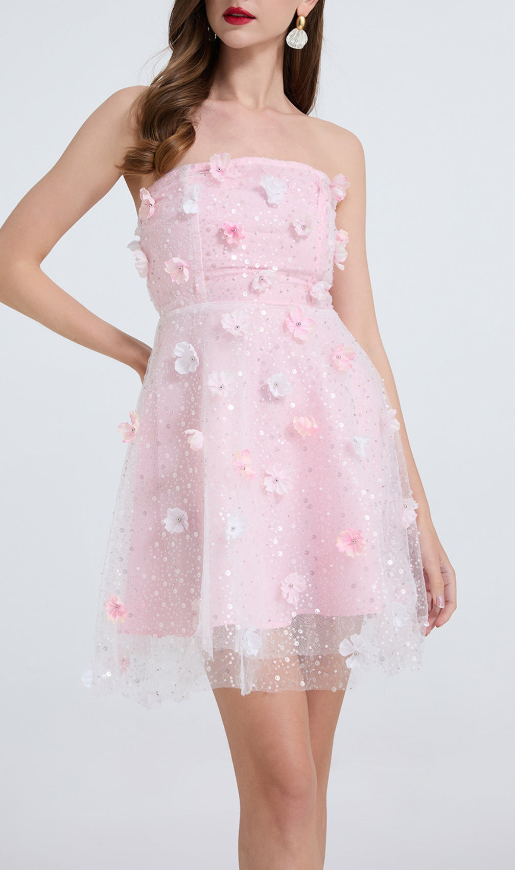 Dilys Pink Flower Embelished Sequin Mini Dress