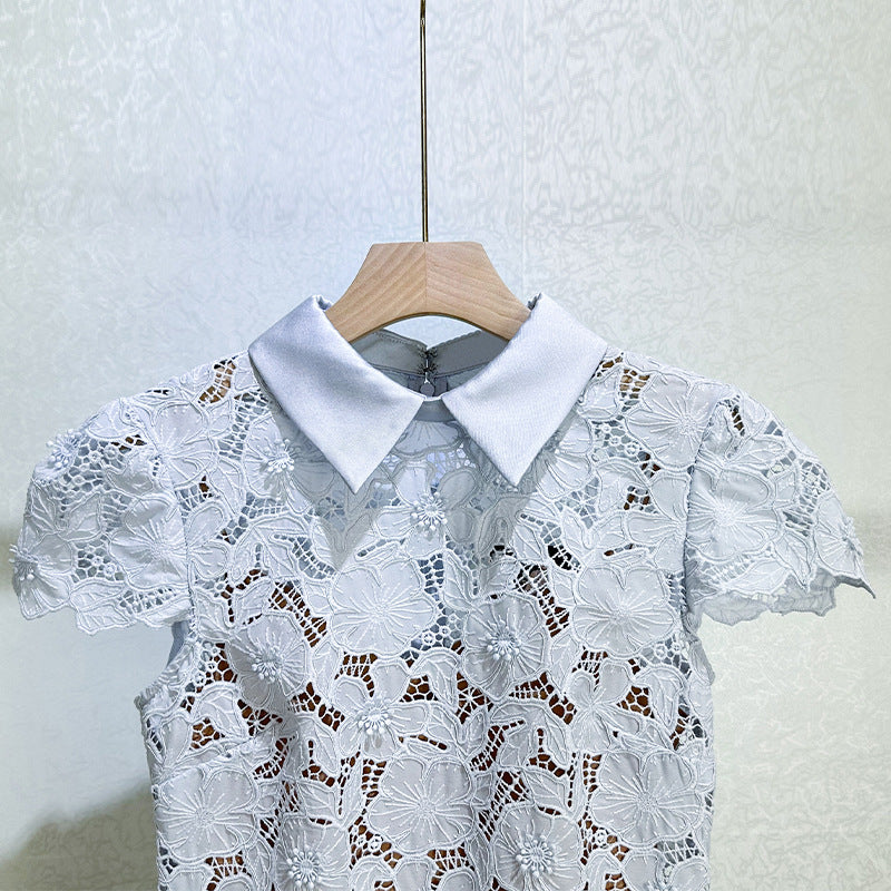 Exquisite Periwinkle Guipure Lace Mini Dress with Peter Pan Collar