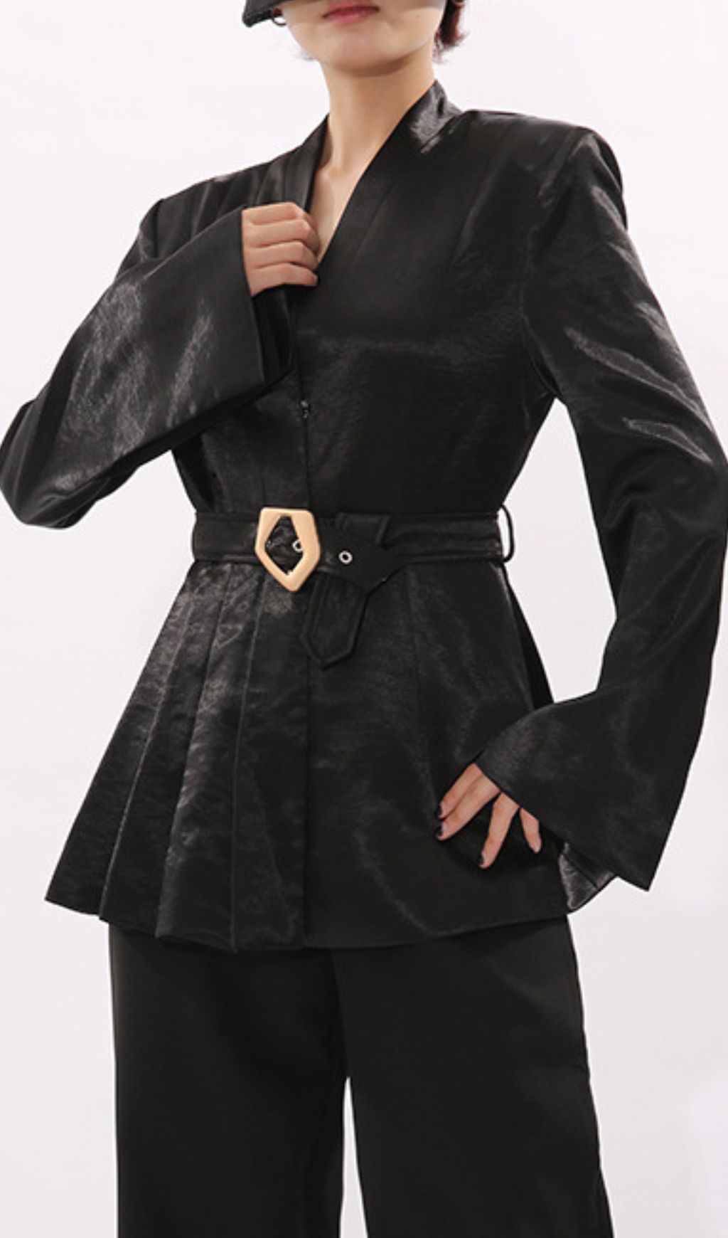 Power Chic: Indigo Black Belted Blazer for Women | Tailored Kimono Jacket with Statement Buckle