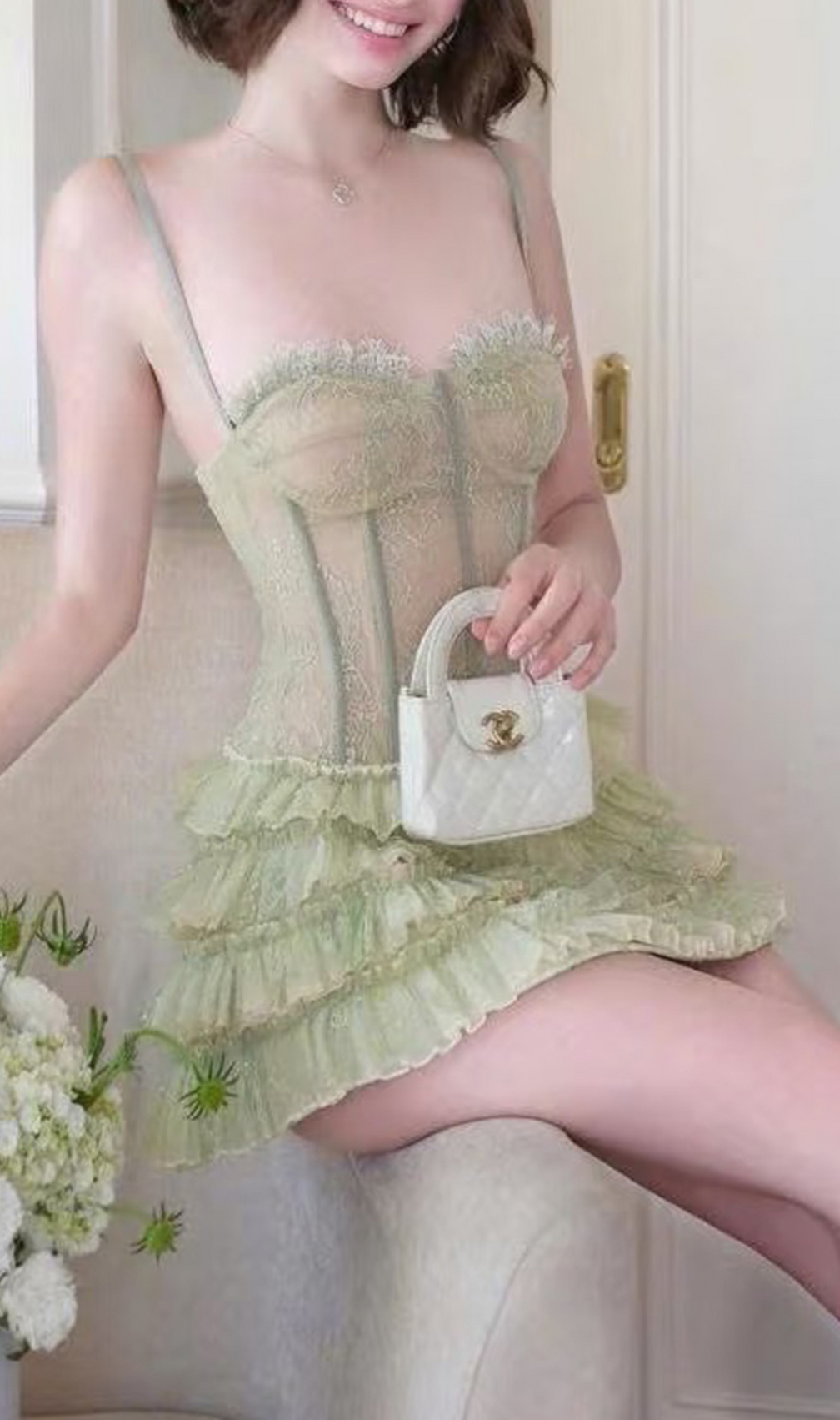 Gulay Green Lace Corset Mini Dress