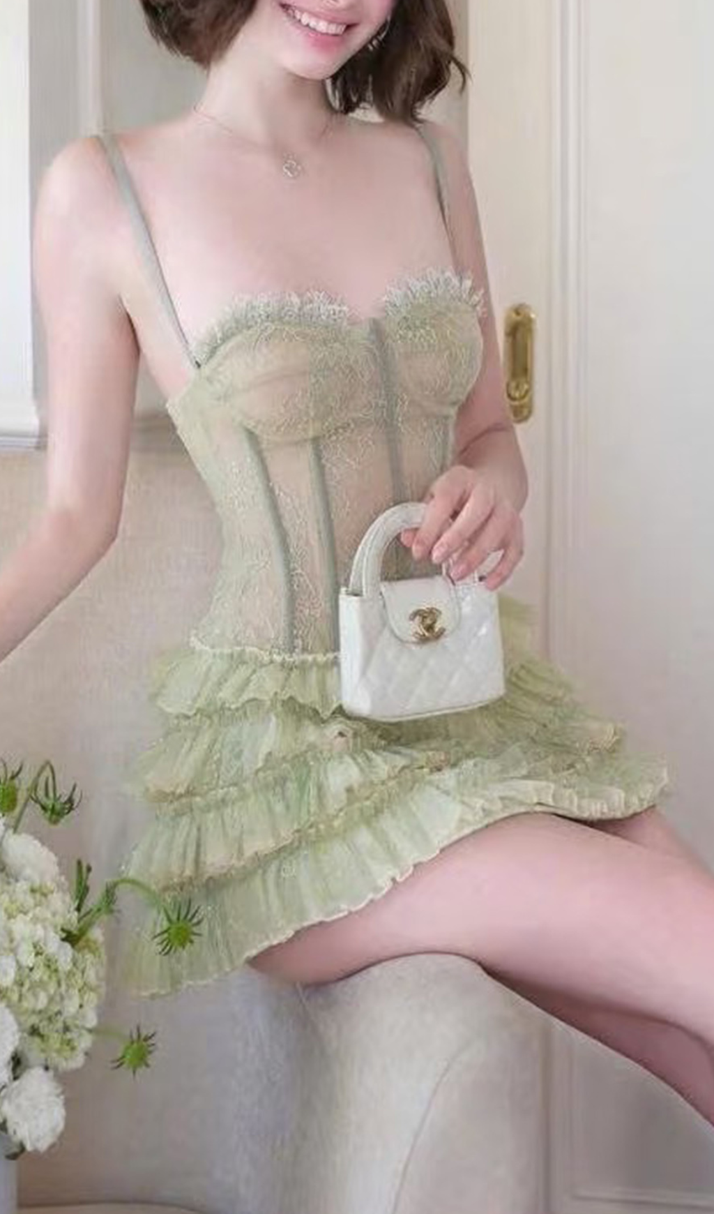 Gulay Green Lace Corset Mini Dress