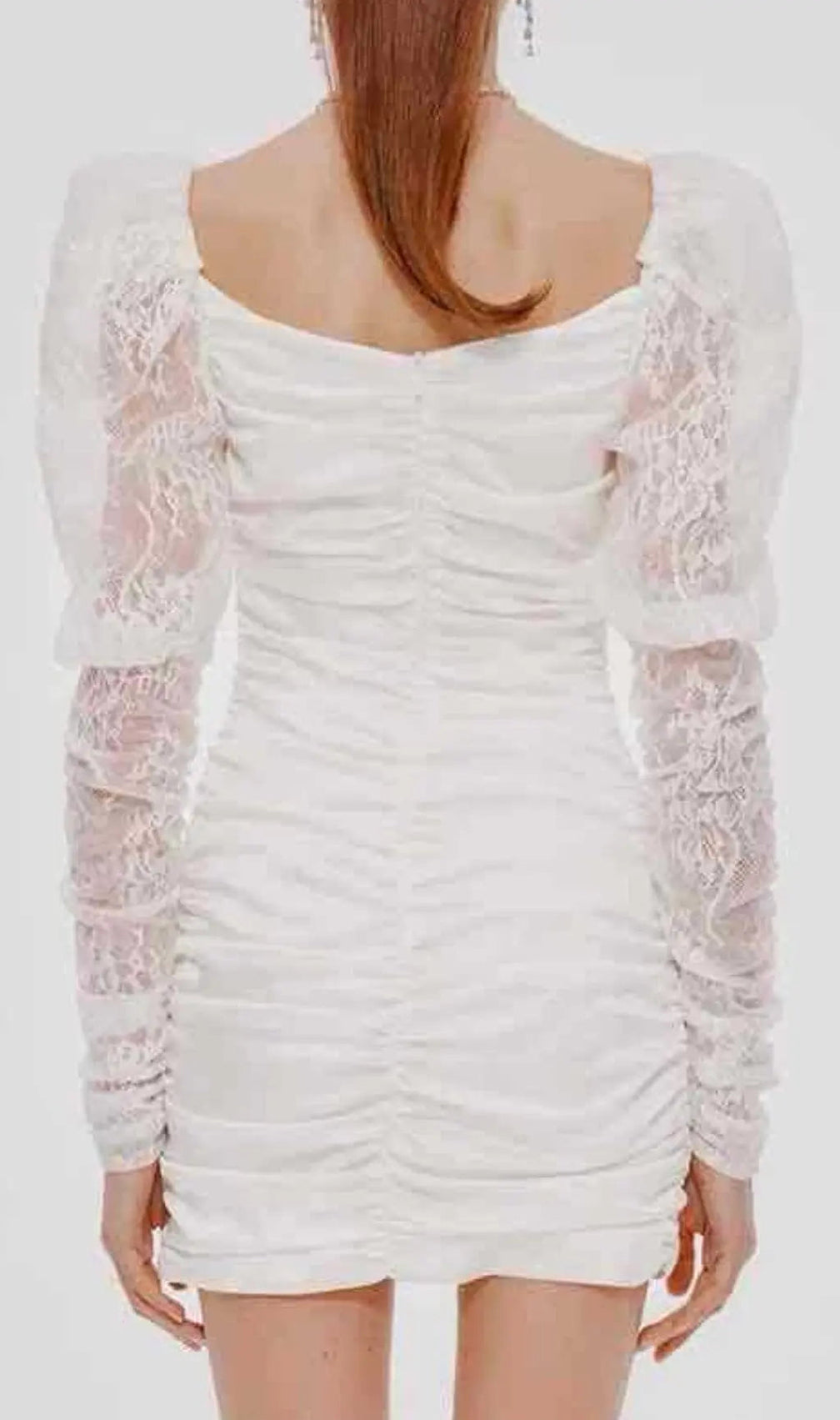 Pleated Dress With Lace Puffed Sleeves In White
