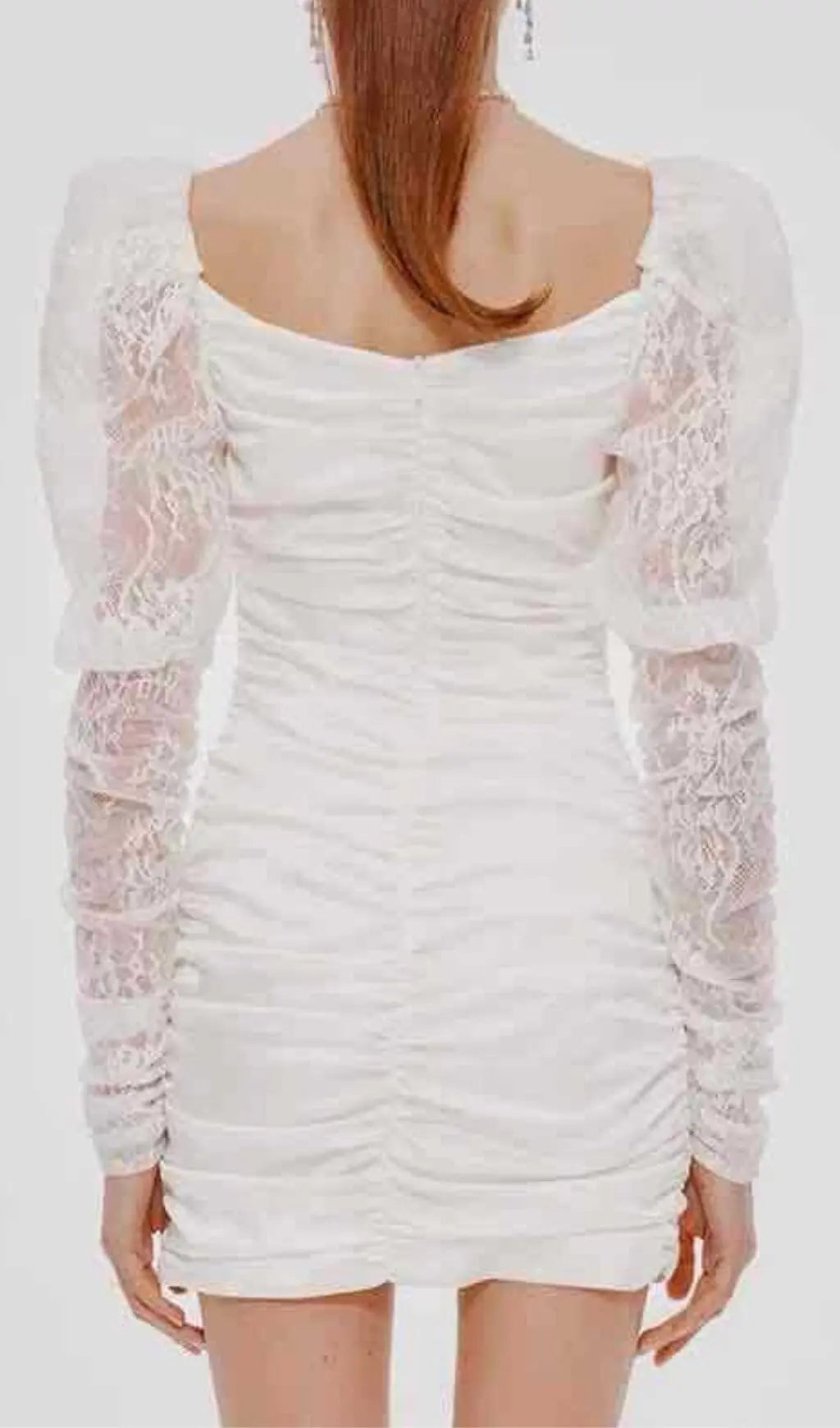 Pleated Dress With Lace Puffed Sleeves In White