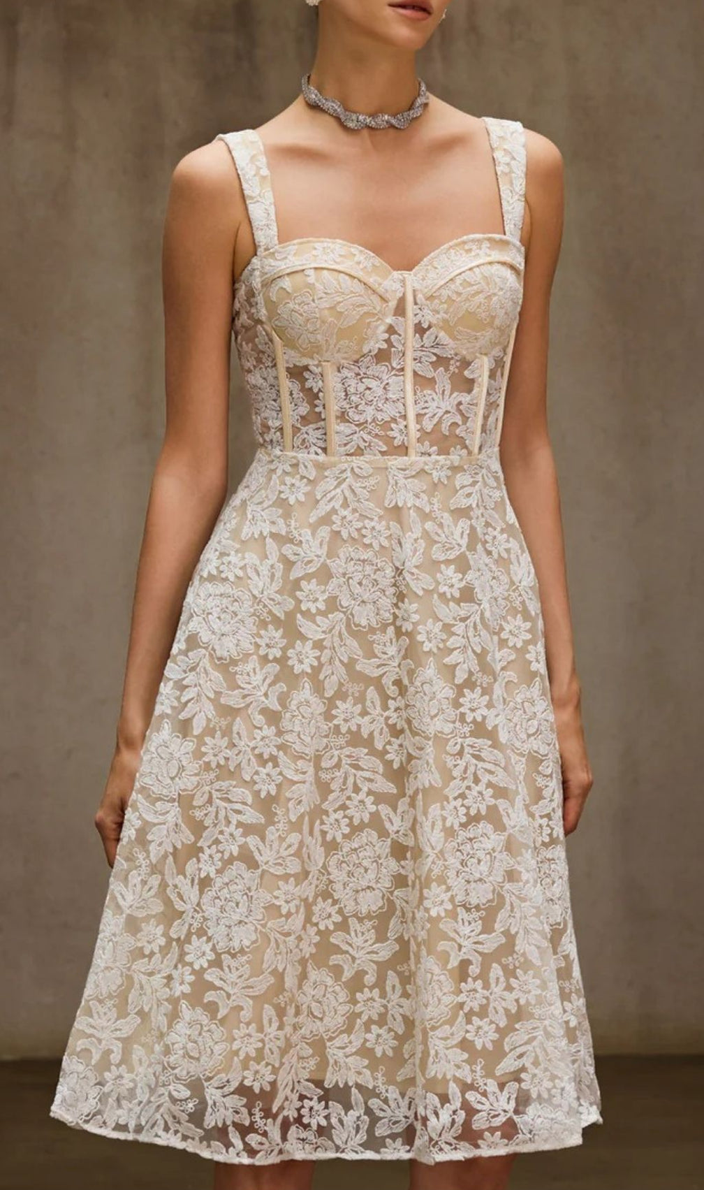 Duszka Floral Lace Bustier Midi Dress - Elegant Wedding Guest & Cocktail