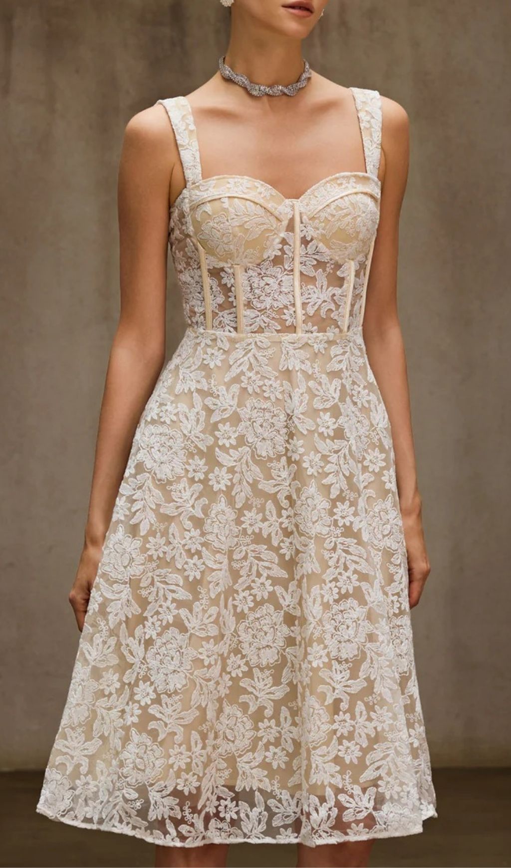 Duszka Floral Lace Bustier Midi Dress - Elegant Wedding Guest & Cocktail