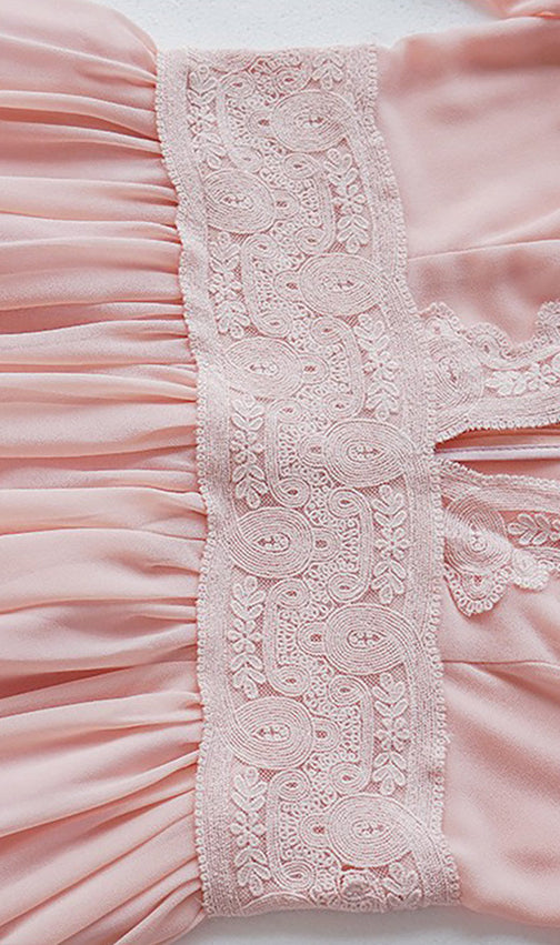Ethereal Blush Pink Chiffon Maxi Dress | Elegant Lace-Trim V-Neck Gown