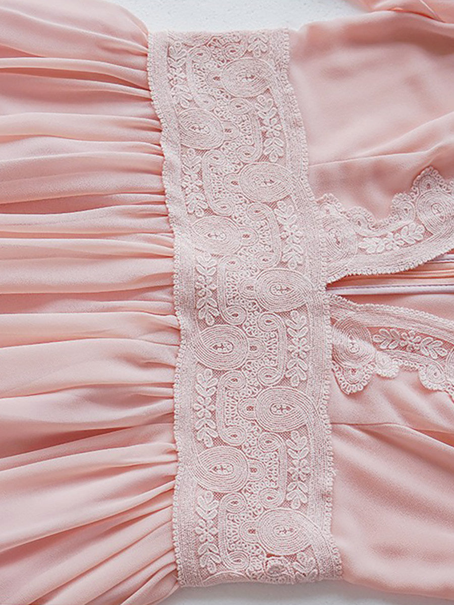 Ethereal Blush Pink Chiffon Maxi Dress | Elegant Lace-Trim V-Neck Gown
