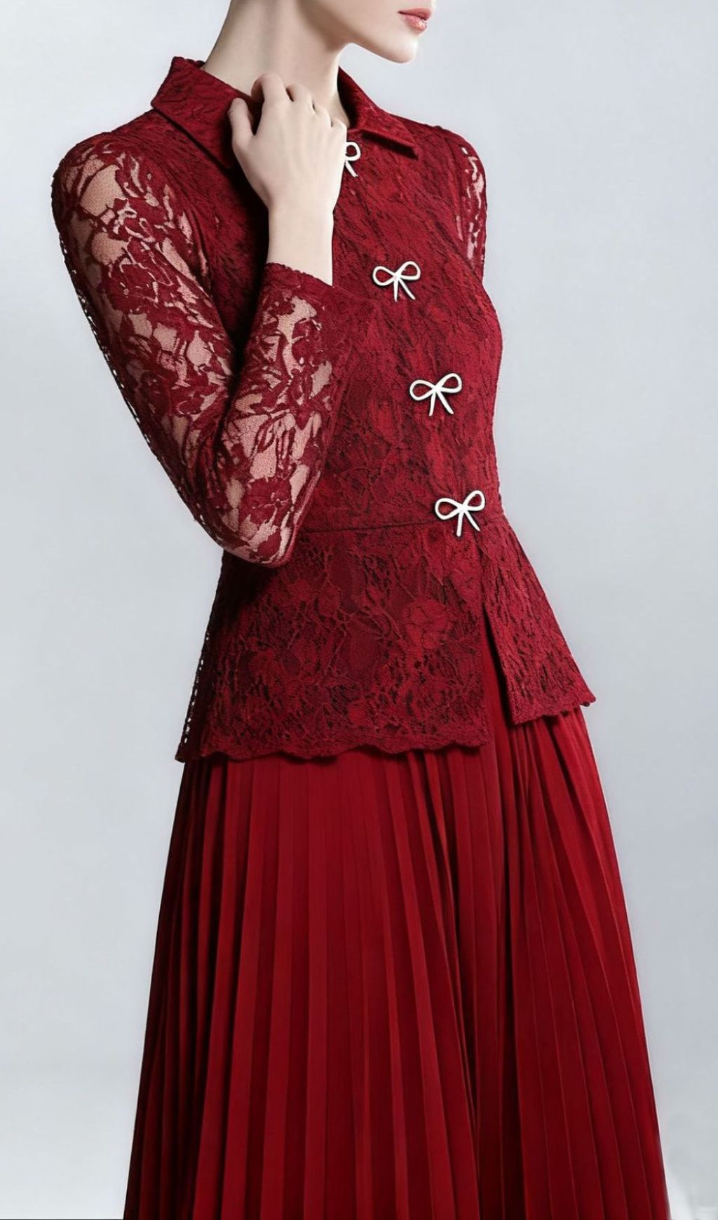 Izel Bow Lace Pleated Long Sleeve Midi Dress