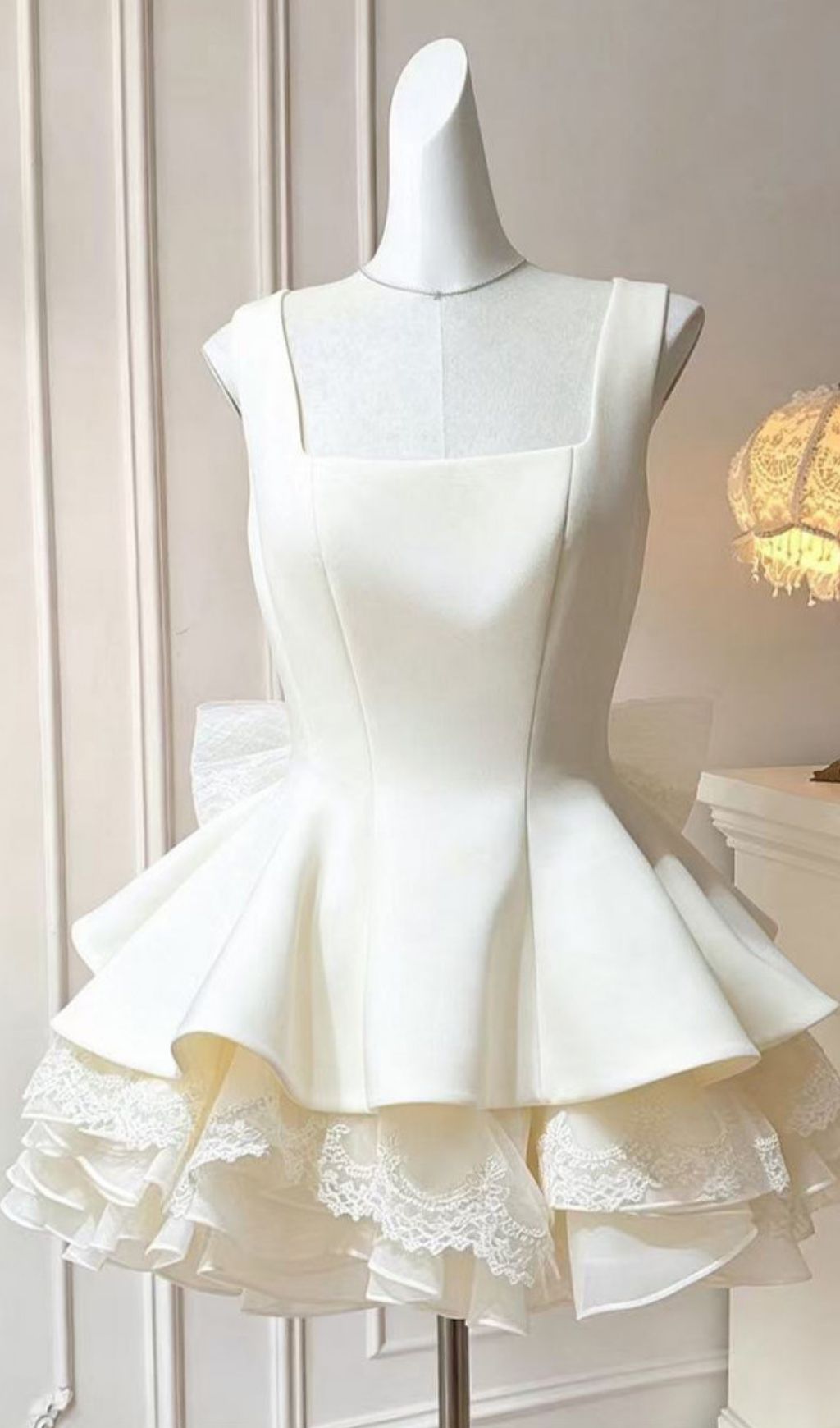 Kiki White Lace Bow Mini Dress | Tiered Ruffle Skirt, Elegant Train | Bridal & Cocktail Party