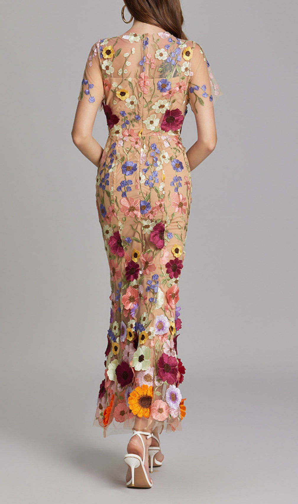 Carol Floral Embroidery Mesh Fishtail Midi Dress