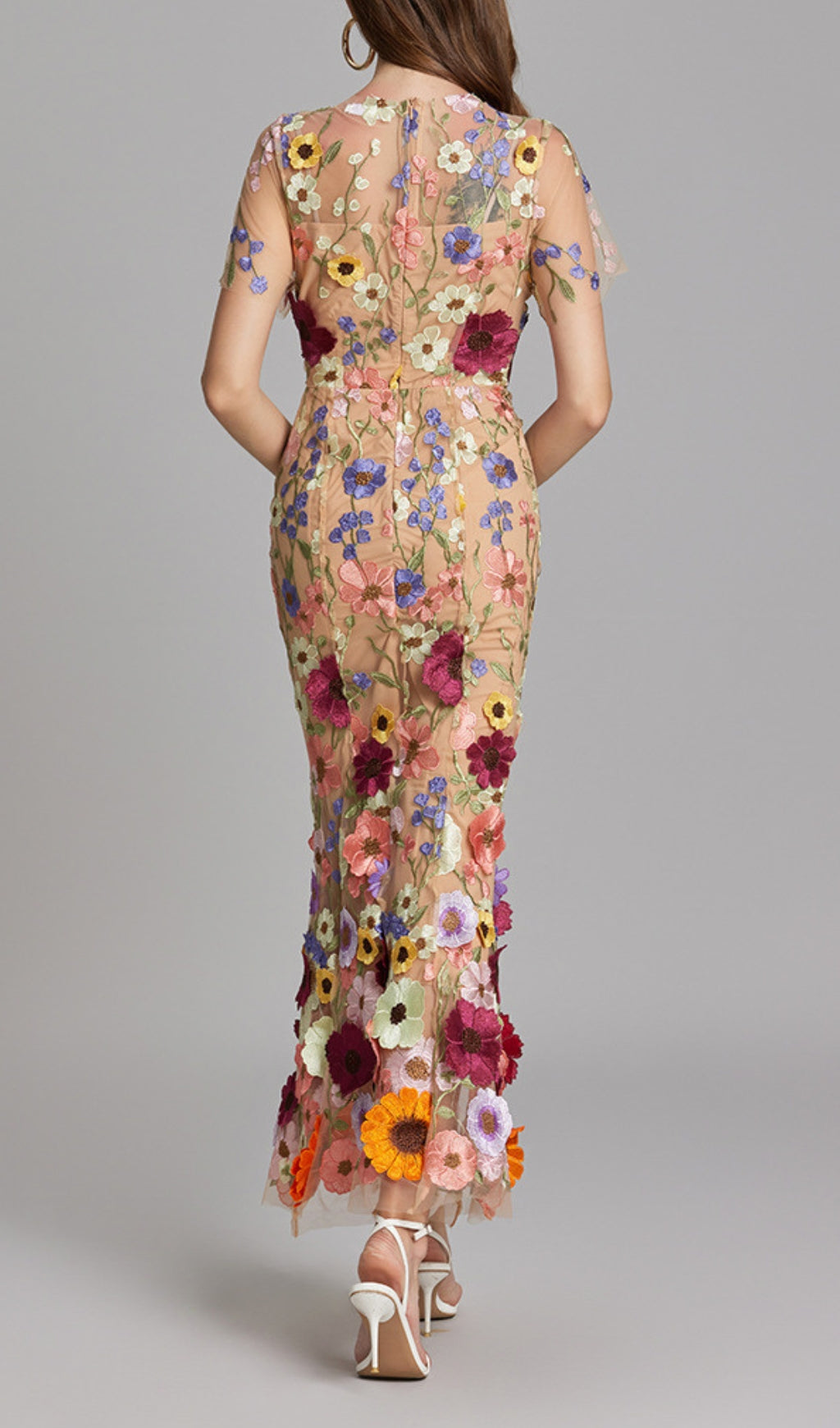 Carol Floral Embroidery Mesh Fishtail Midi Dress