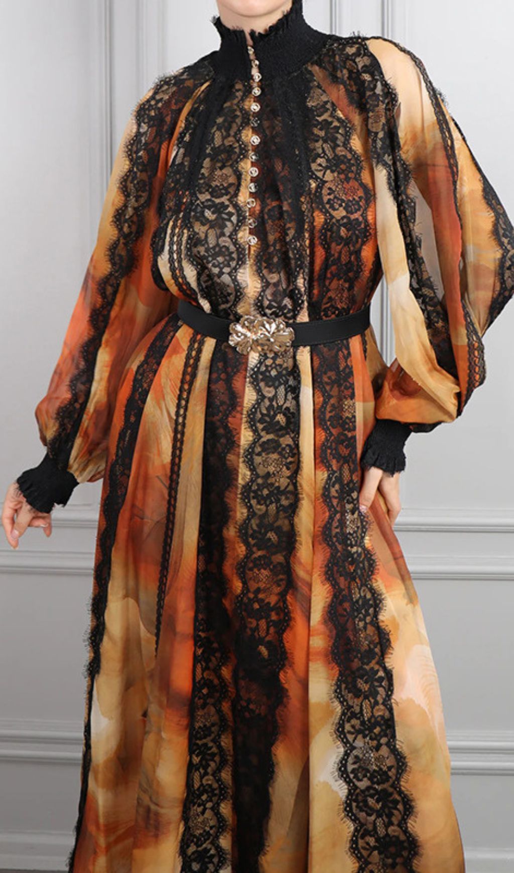 Elegant Imari Lace & Print Midi Dress | Romantic Long Sleeve Women's Gown