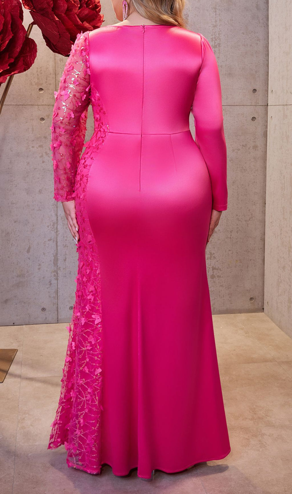 Idina Glamour Pink Plus Size Long Sleeve Sequin Maxi Dress - Formal Evening Gown