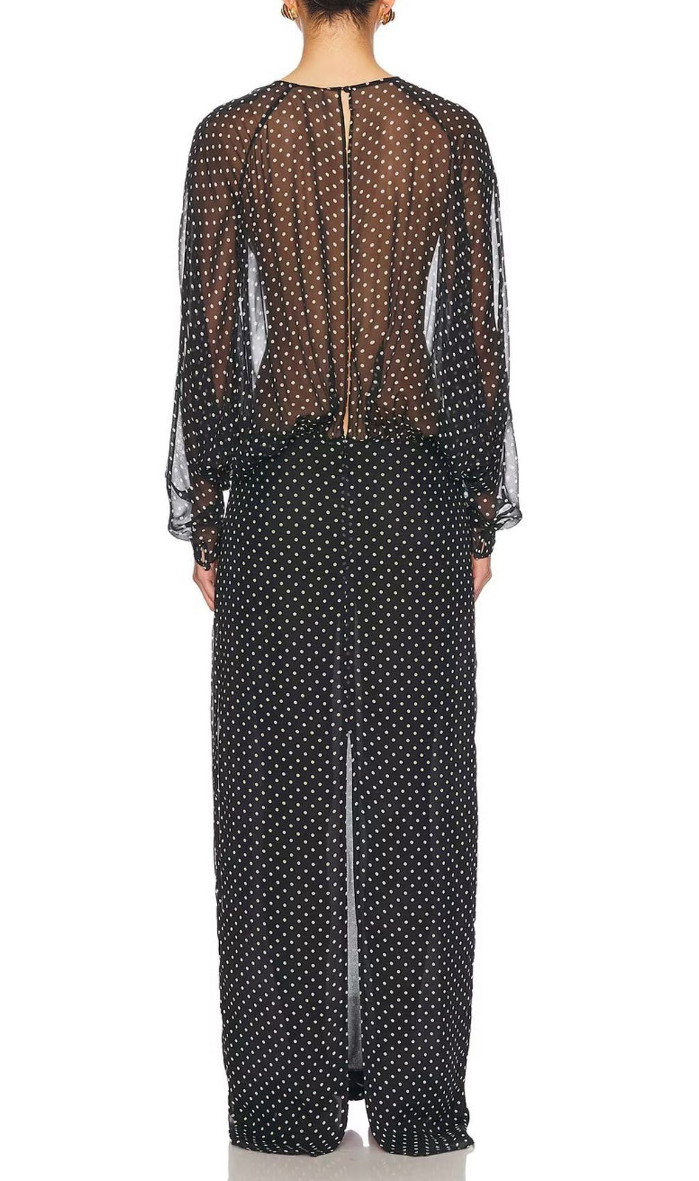 Chic Sheer Polka Dot Long Sleeve Maxi Dress - Black