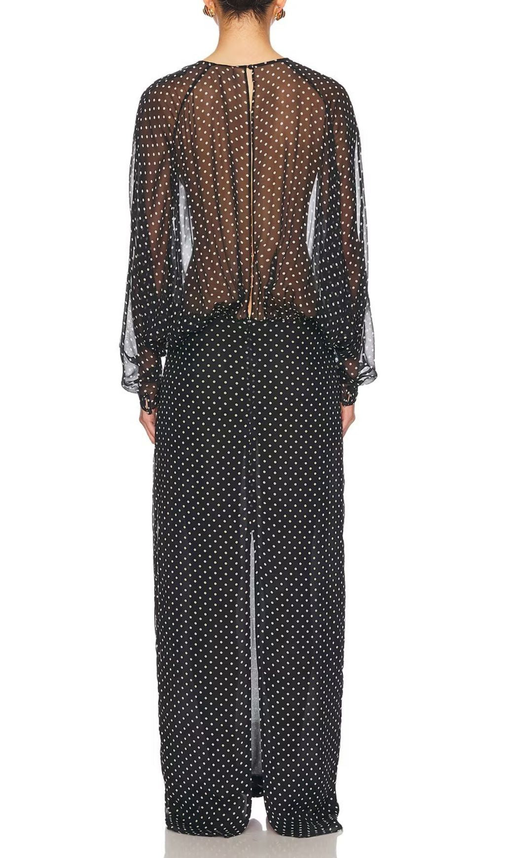 Chic Sheer Polka Dot Long Sleeve Maxi Dress - Black