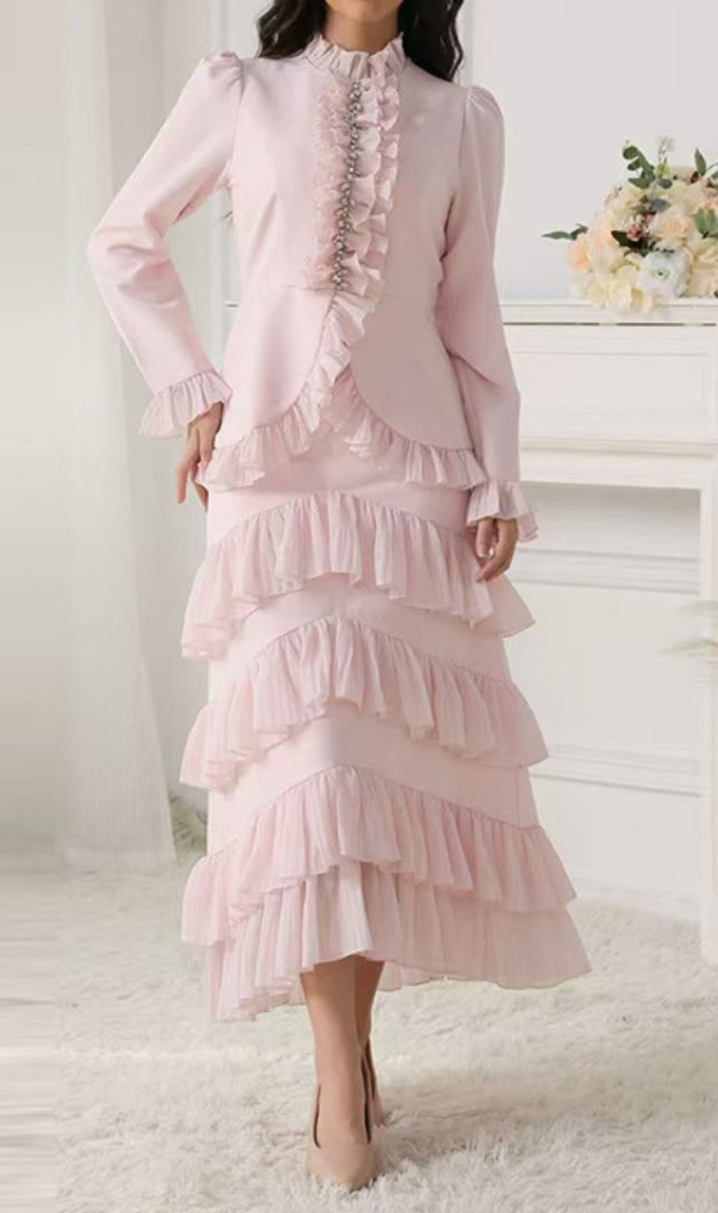 Ignace Elegant Ruffle Two-Piece Set - Long Sleeve Top & Tiered Maxi Skirt