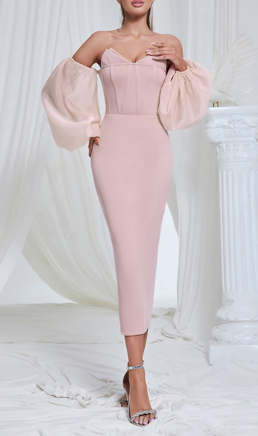 Cyane Pink Off-Shoulder Midi Dress