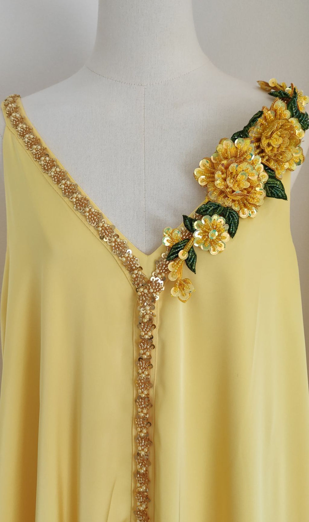 Inge Radiant Yellow Halter Maxi Dress with 3D Floral Appliques - Chic Flowy Gown