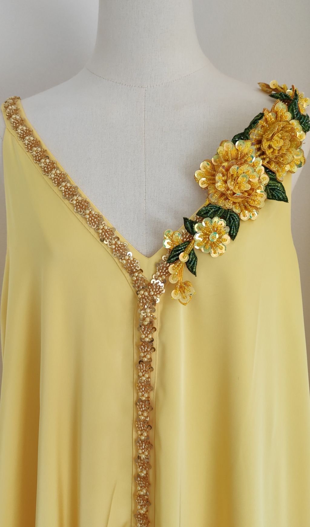 Inge Radiant Yellow Halter Maxi Dress with 3D Floral Appliques - Chic Flowy Gown