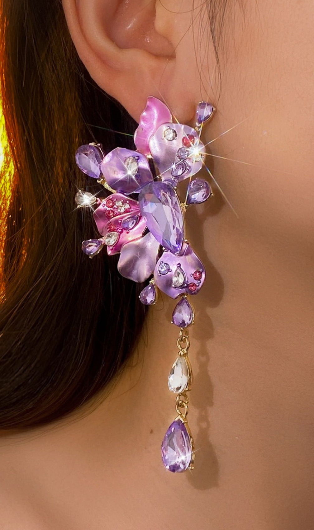 Luxe Lavender & Blush Crystal Floral Statement Drop Earrings