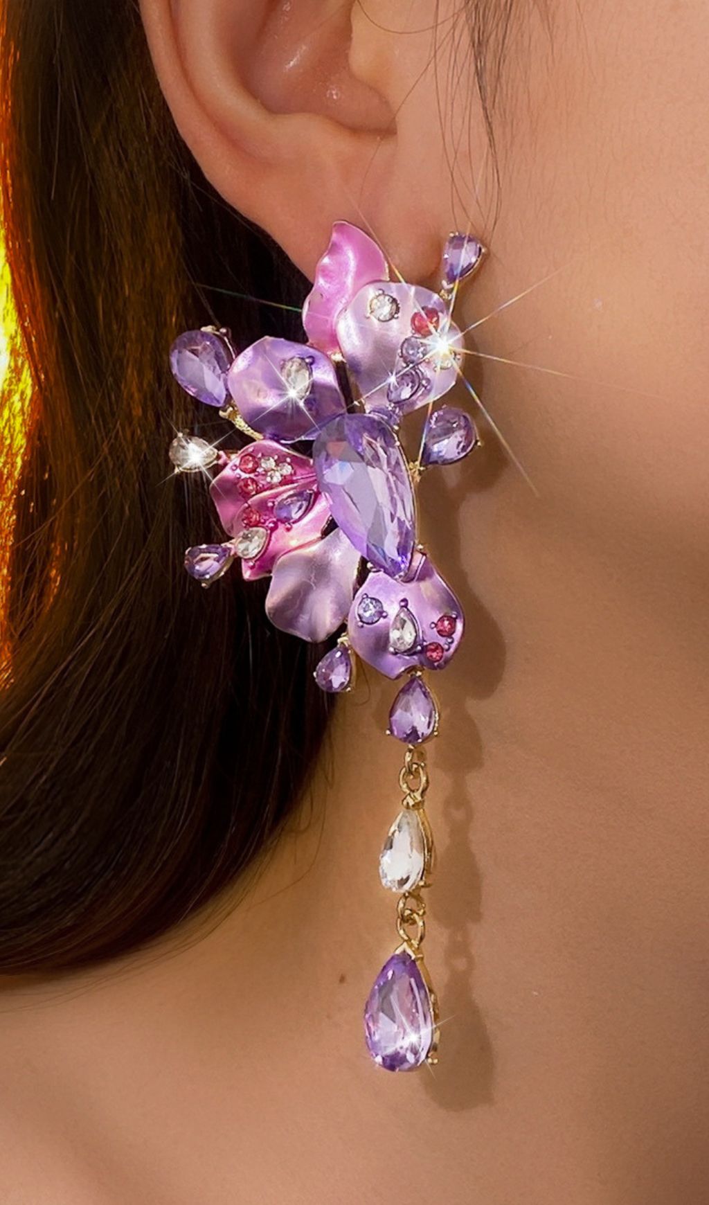 Luxe Lavender & Blush Crystal Floral Statement Drop Earrings