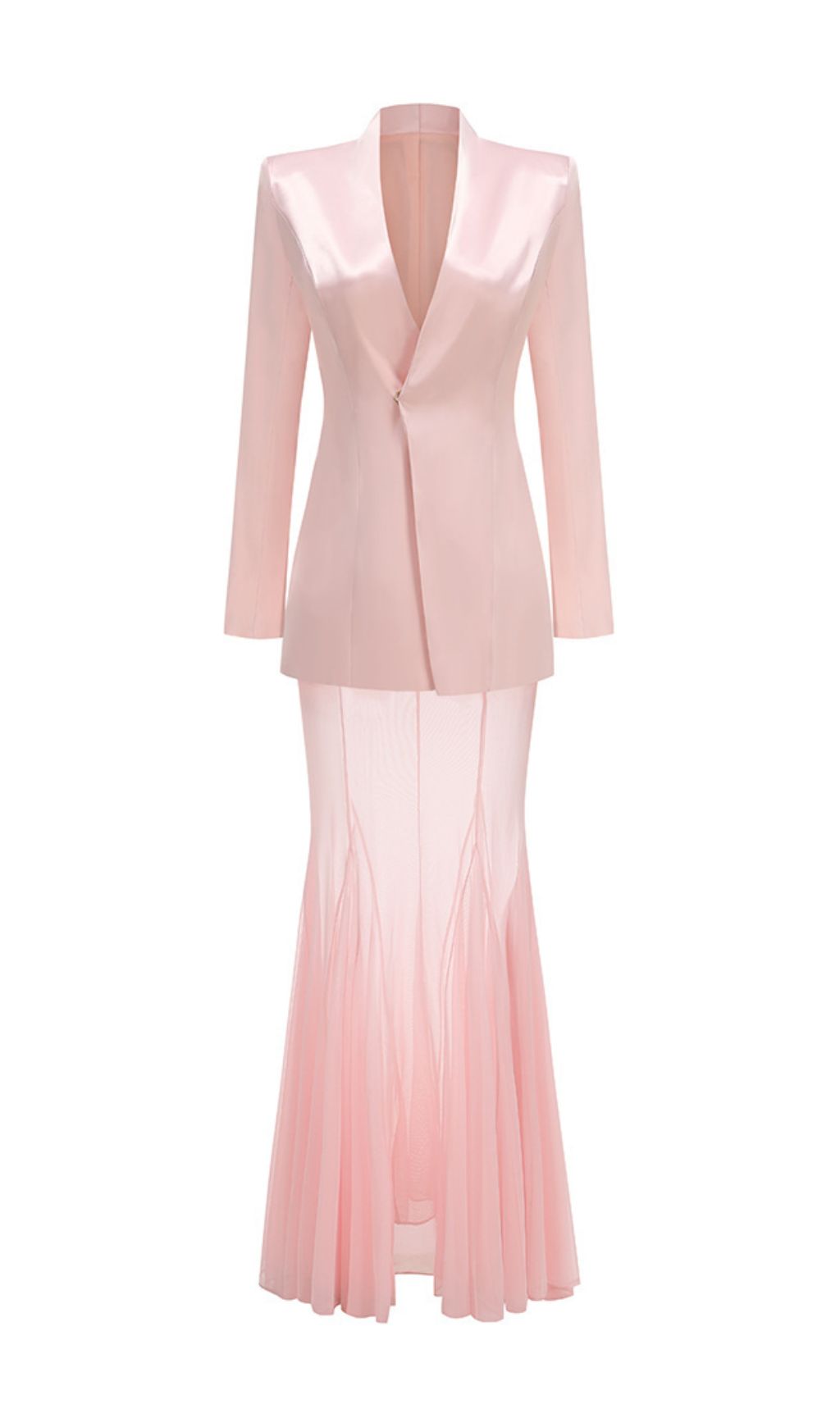 Ilham Chic Pink Tailored Blazer & Sheer Mesh Maxi Skirt Set - Modern Statement Ensemble