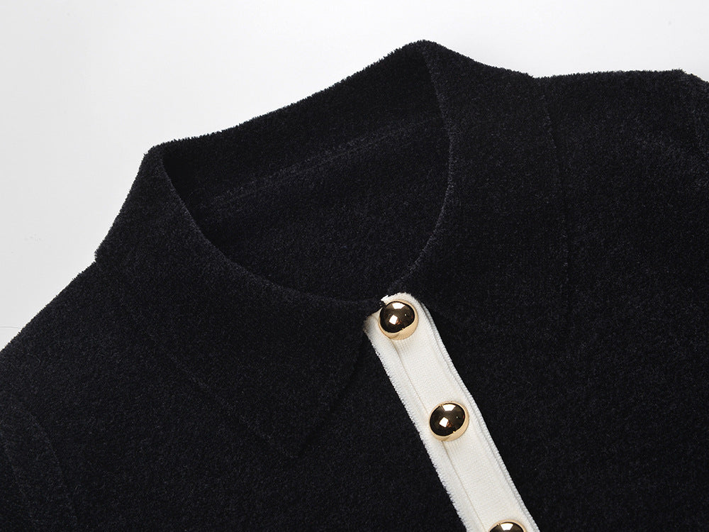 Jenne Chic Two-Tone Knit Cardigan Top | Classic Black & Cream Trim