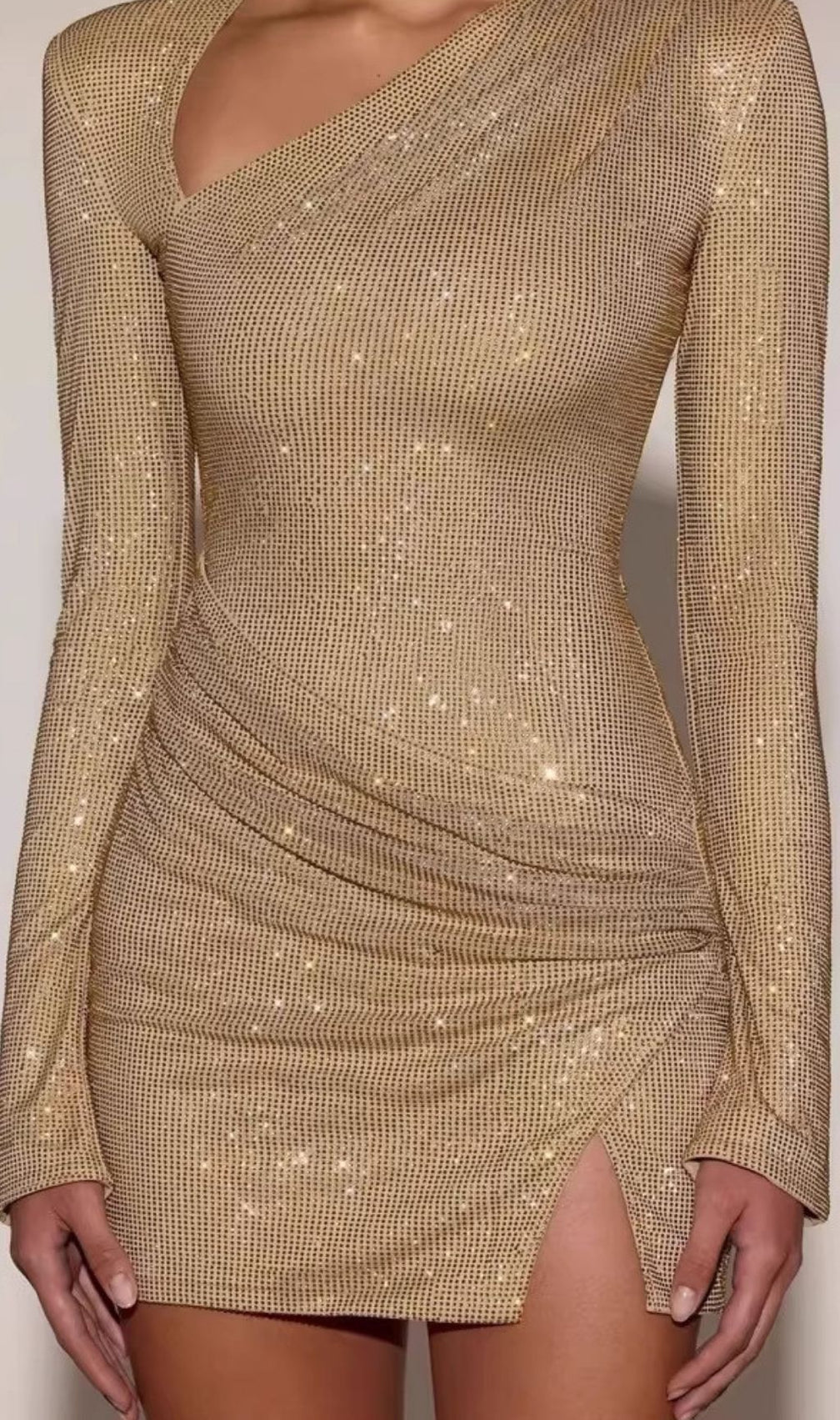 Clarrie Dazzling Rhinestone Asymmetrical Long Sleeve Mini Dress