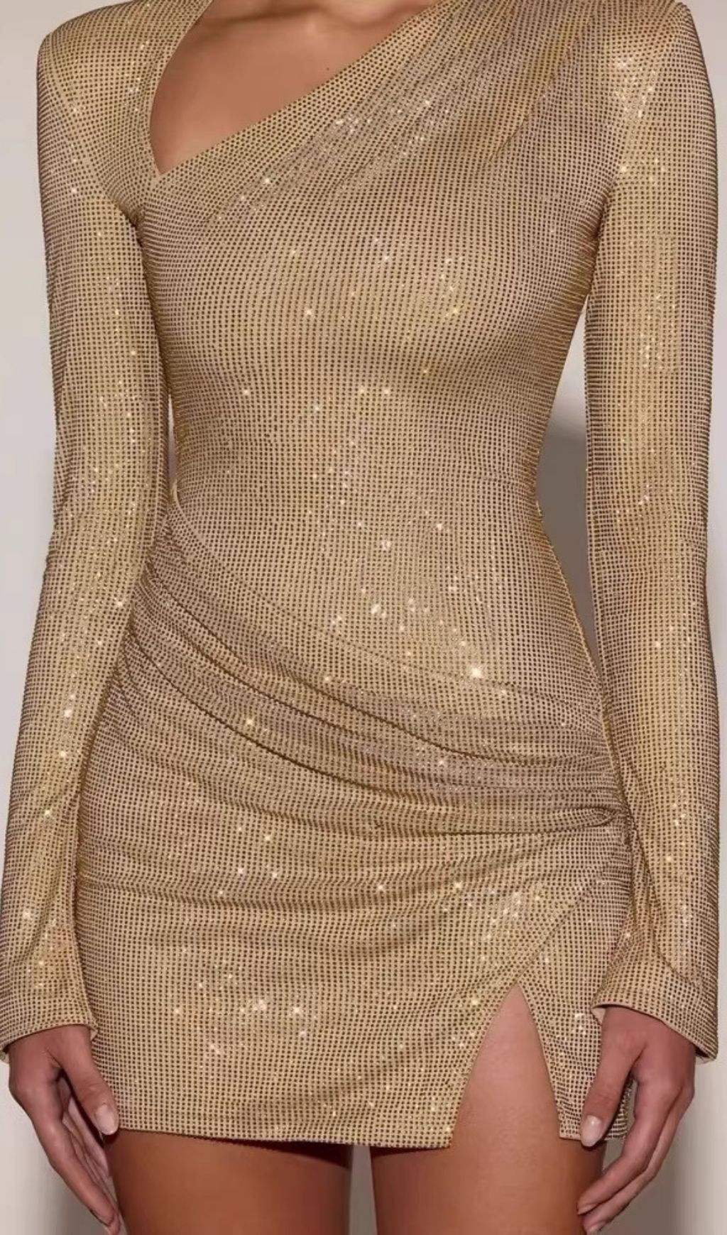 Clarrie Dazzling Rhinestone Asymmetrical Long Sleeve Mini Dress