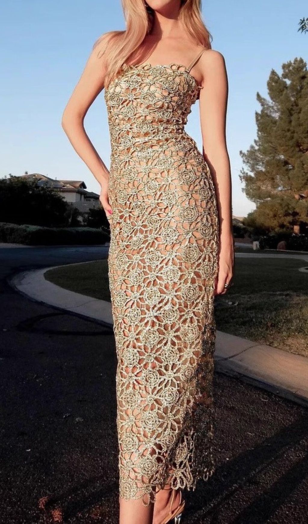 Kakalina Golden Crochet Maxi Dress - Strappy Hollow Out Evening Gown