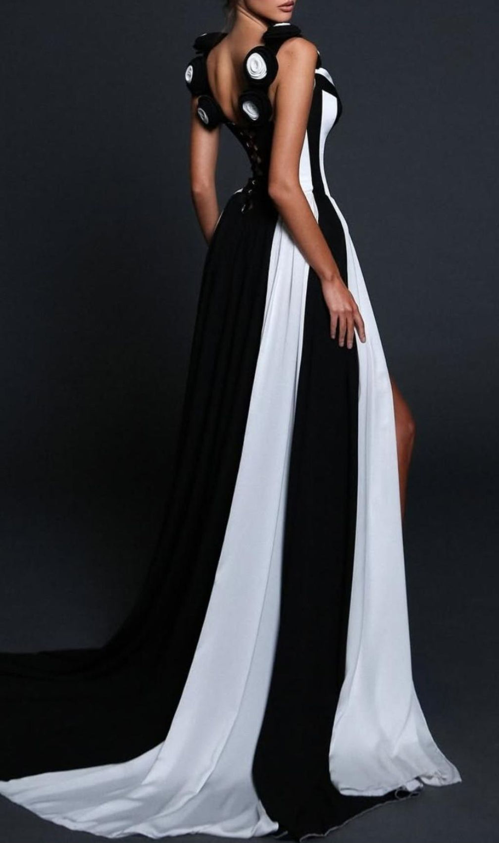Hoku Flower Stripe Maxi Gown | Black & White Statement Evening Dress