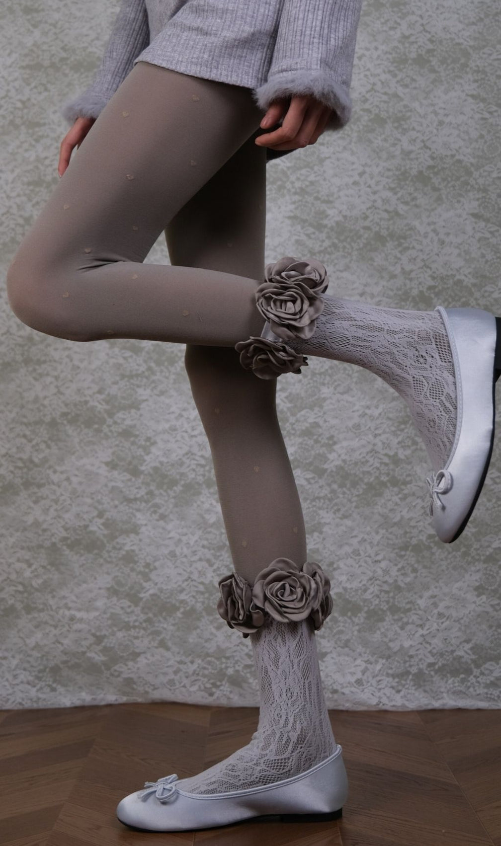 Romantic Coquette: Grey Heart Tights, Rose Lace Socks & Ankle Cuffs Set