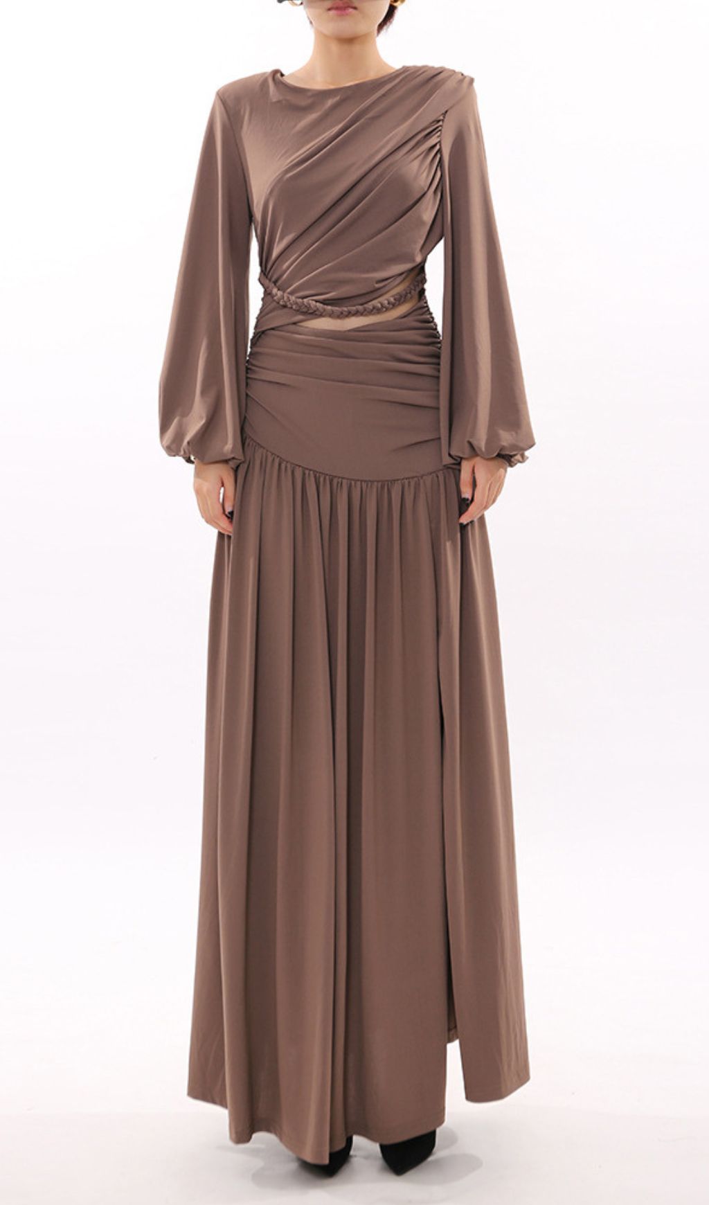Ignacia Draped Long Sleeve Maxi Dress with Braided Waist Cutout - Elegant Event Gown