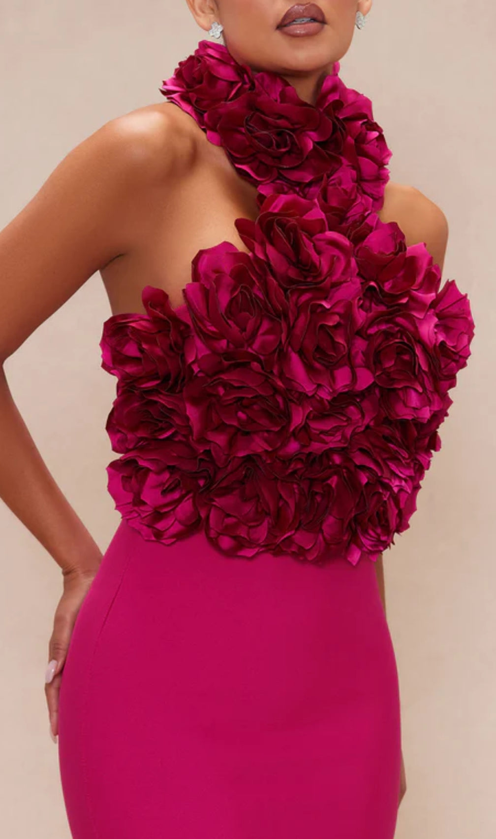 Halter Floral Midi Dress Hot Pink