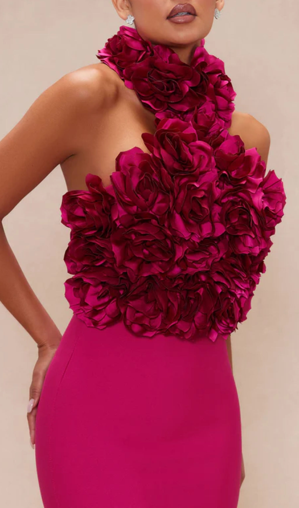 Halter Floral Midi Dress Hot Pink