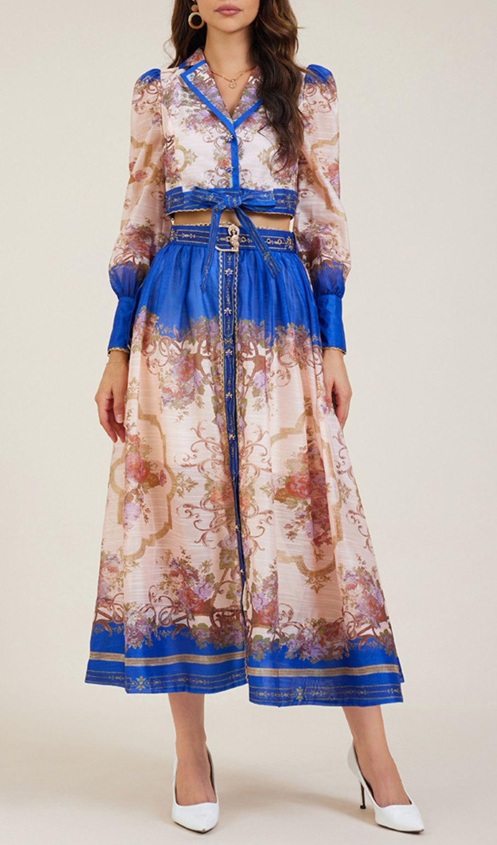 Gretchen Blue Flower Printed Long Sleeve Blouse & Skirt Set