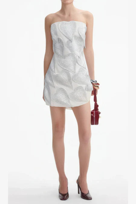 crystal leaf embellished mini dress in white