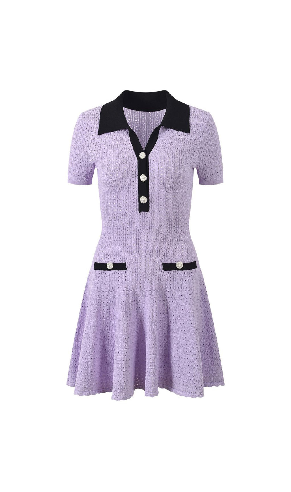 Chic Lilac Pointelle Knit Mini Polo Dress with Pearl Buttons