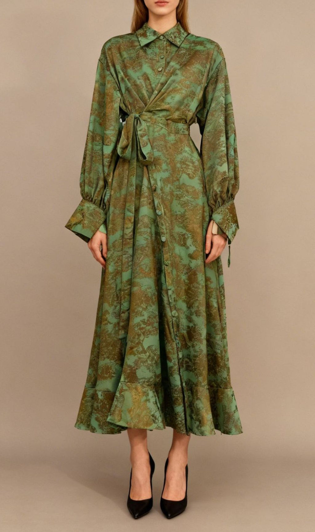Jung Artistic Print Tie-Waist Long Sleeve Midi Dress