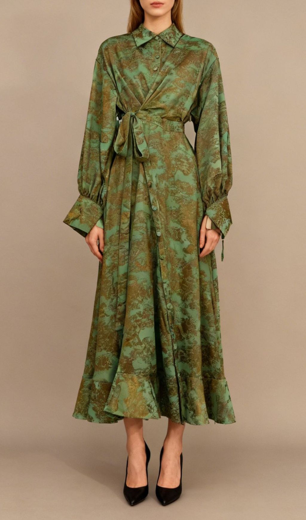 Jung Artistic Print Tie-Waist Long Sleeve Midi Dress